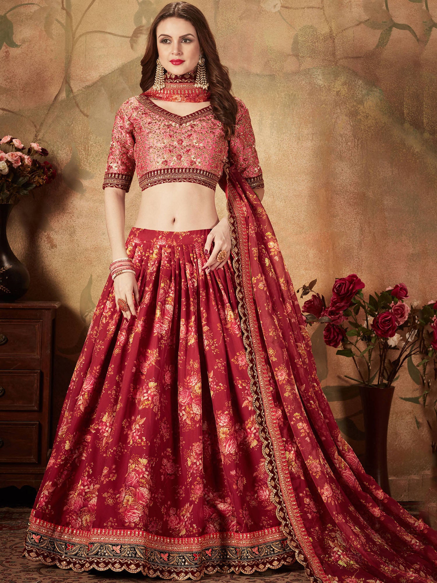 Majestic Maroon Printed Organza Engagement Wear Plus Size Lehenga Choli