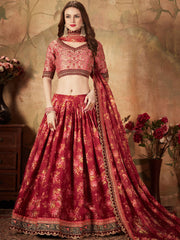 Majestic Maroon Printed Organza Engagement Wear Plus Size Lehenga Choli