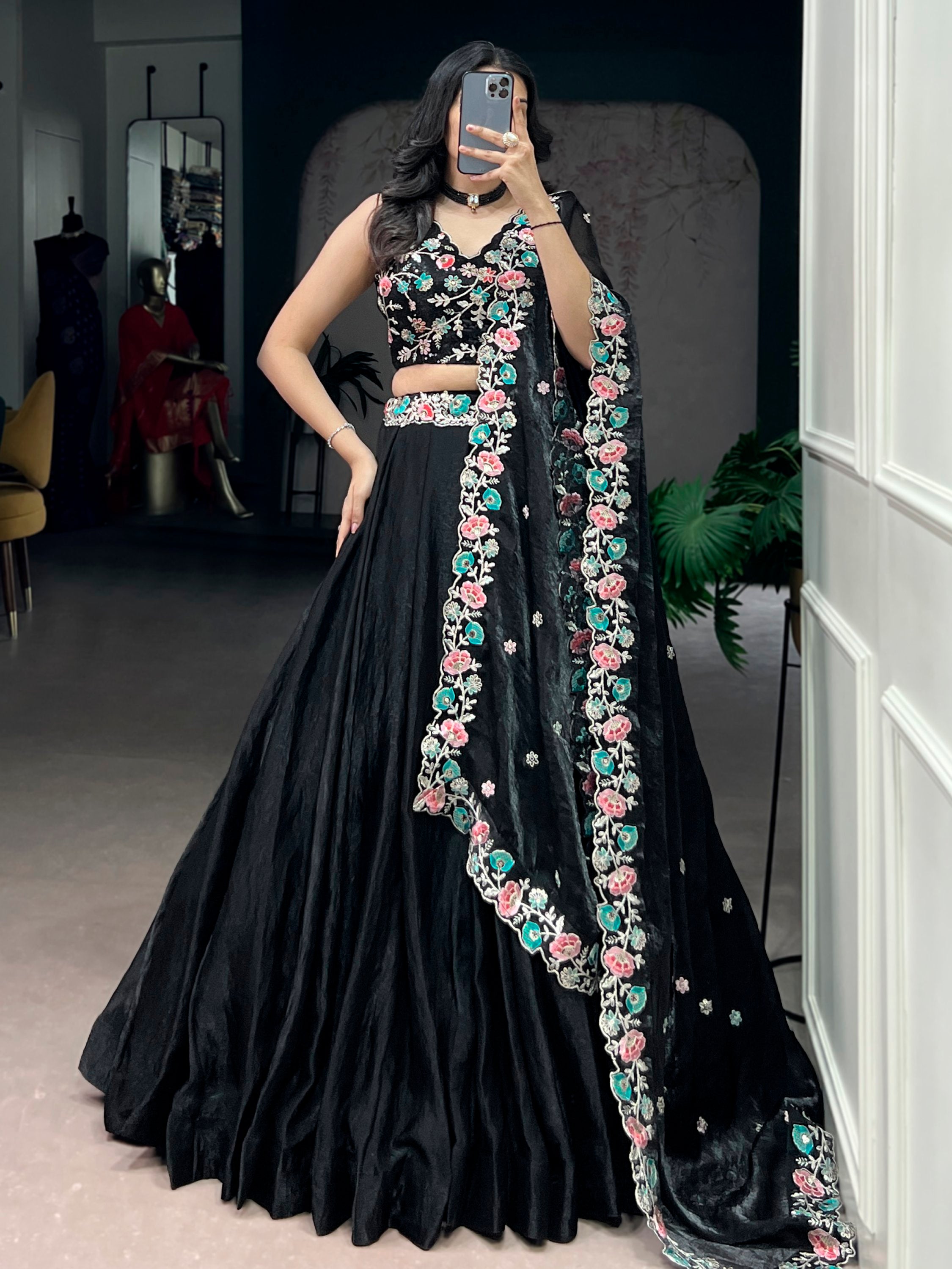 Classy Black Thread Work Organza Festive Wear Lehenga Choli
