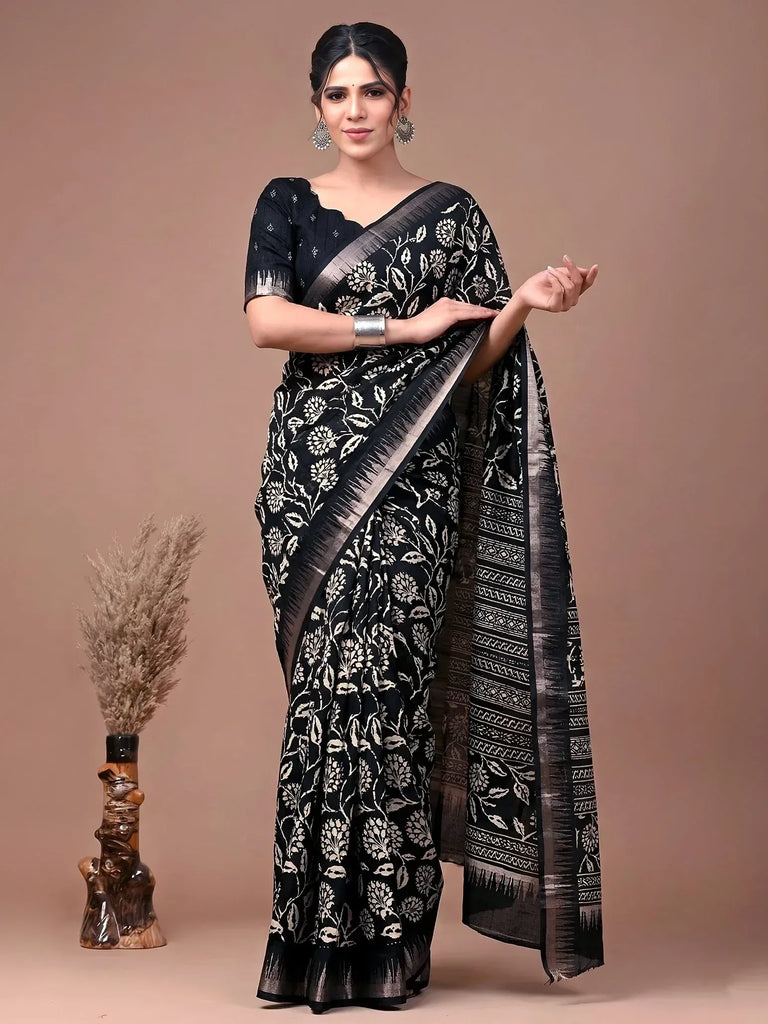 Graceful Black Zari Border Silk Daily Wear Saree With Blouse