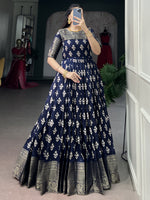 Enchanting Navy Blue Zari Weaving Cotton Festive Wear Gown