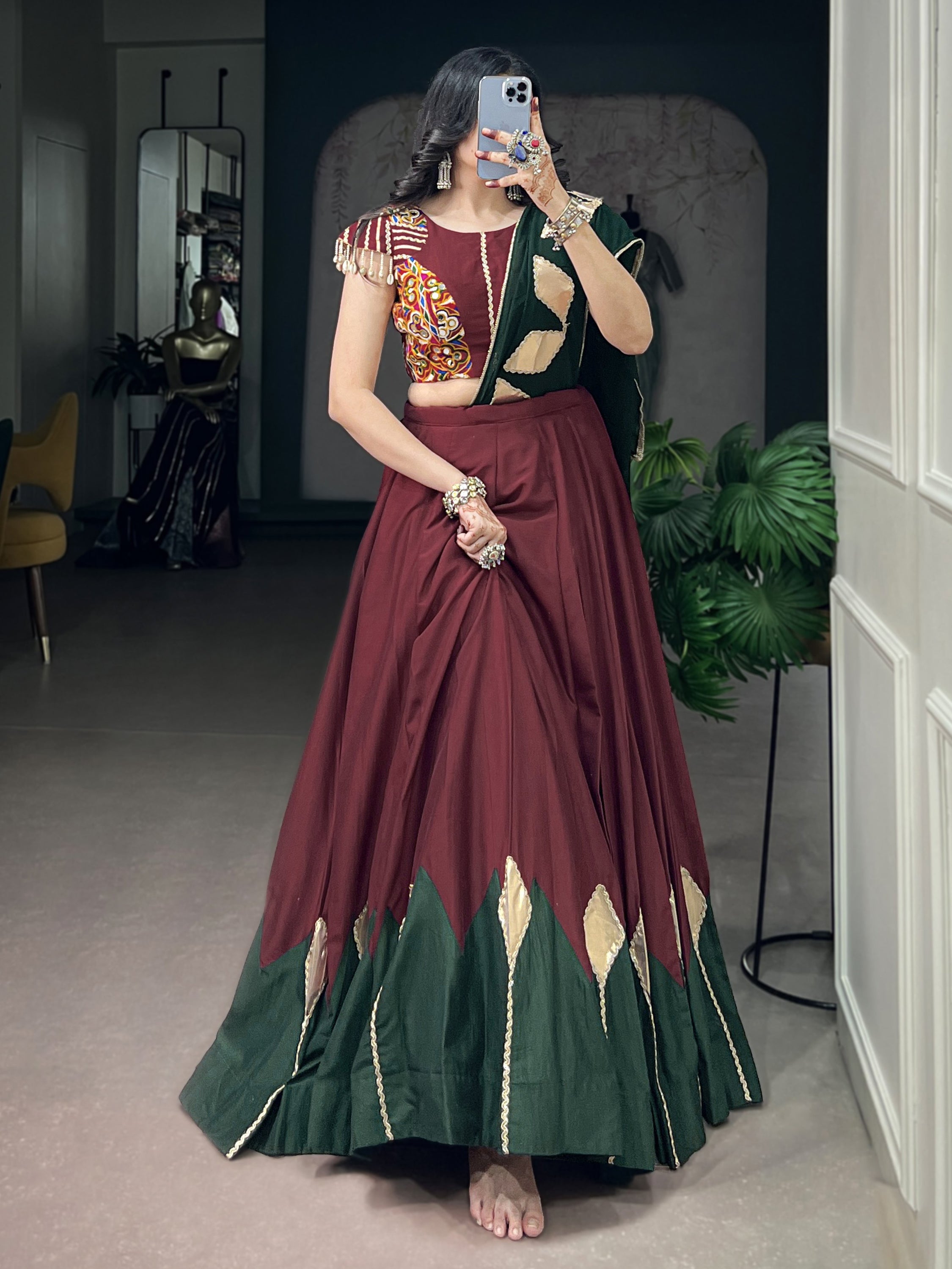 Royal Maroon Patch Work Chinon Navratri Wear Lehenga Choli With Dupatta