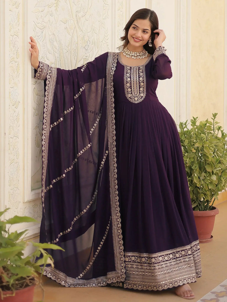 Beautiful Wine Sequins Georgette Reception Wear Gown With Dupatta
