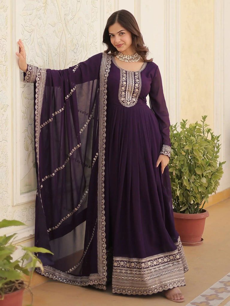 Beautiful Wine Sequins Georgette Reception Wear Gown With Dupatta