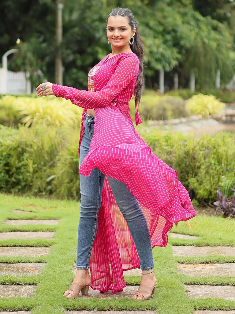 Stylish Pink Printed Georgette Navratri Wear Open Long Kurti