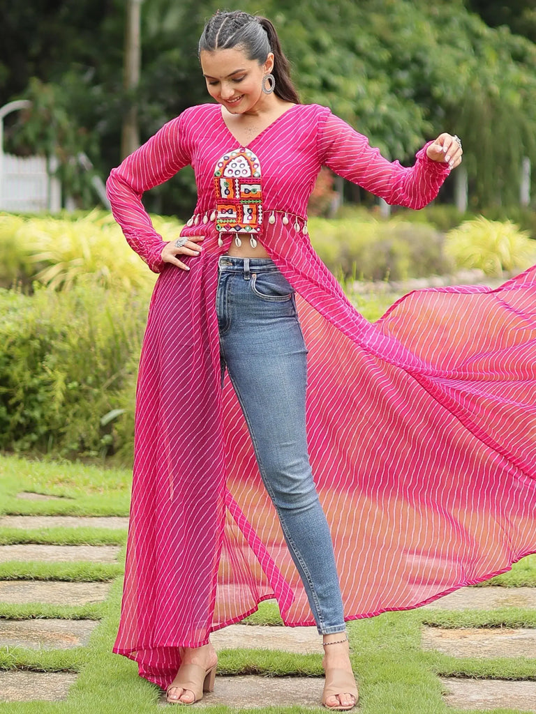 Stylish Pink Printed Georgette Navratri Wear Open Long Kurti