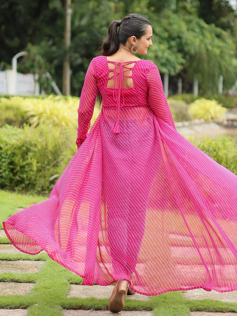 Stylish Pink Printed Georgette Navratri Wear Open Long Kurti