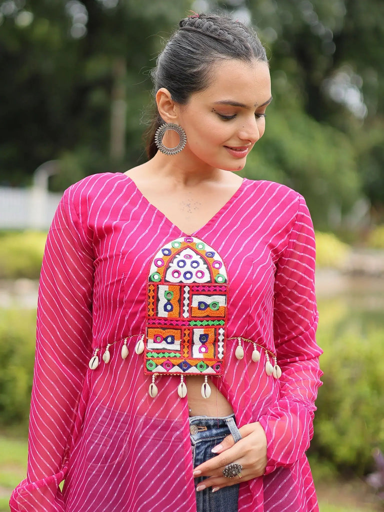 Stylish Pink Printed Georgette Navratri Wear Open Long Kurti
