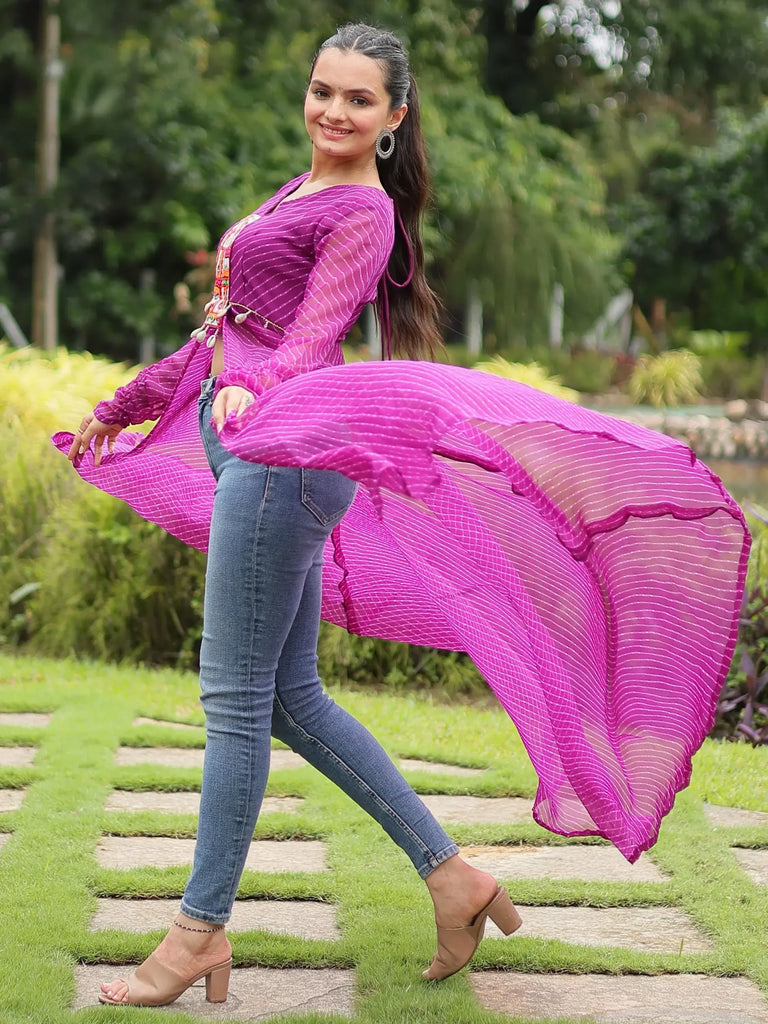 Fashionable Purple Printed Georgette Navratri Wear Open Long Kurti