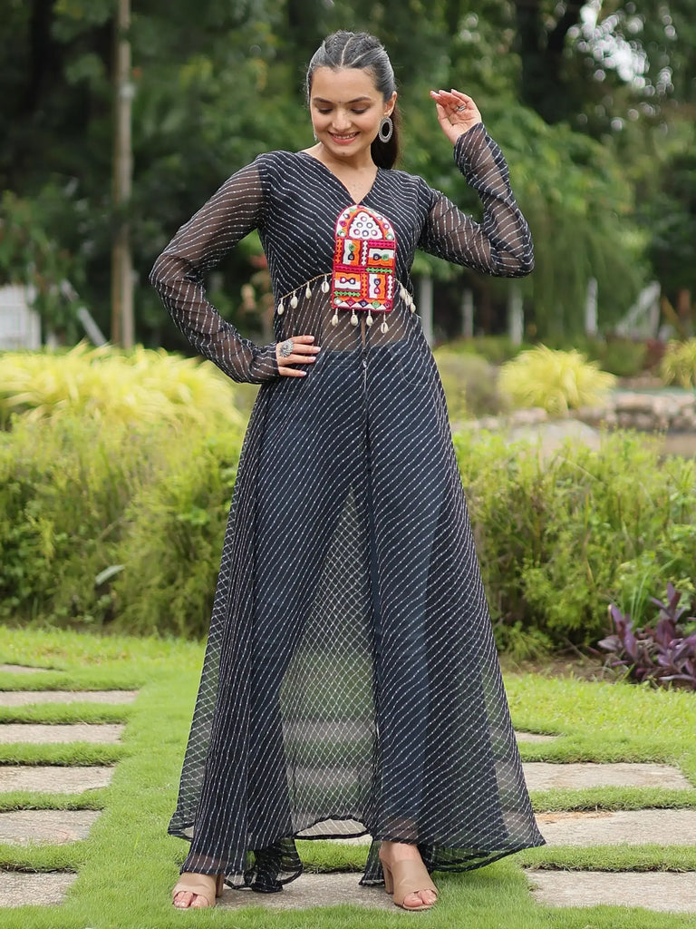 Stunning Black Printed Georgette Navratri Wear Open Long Kurti