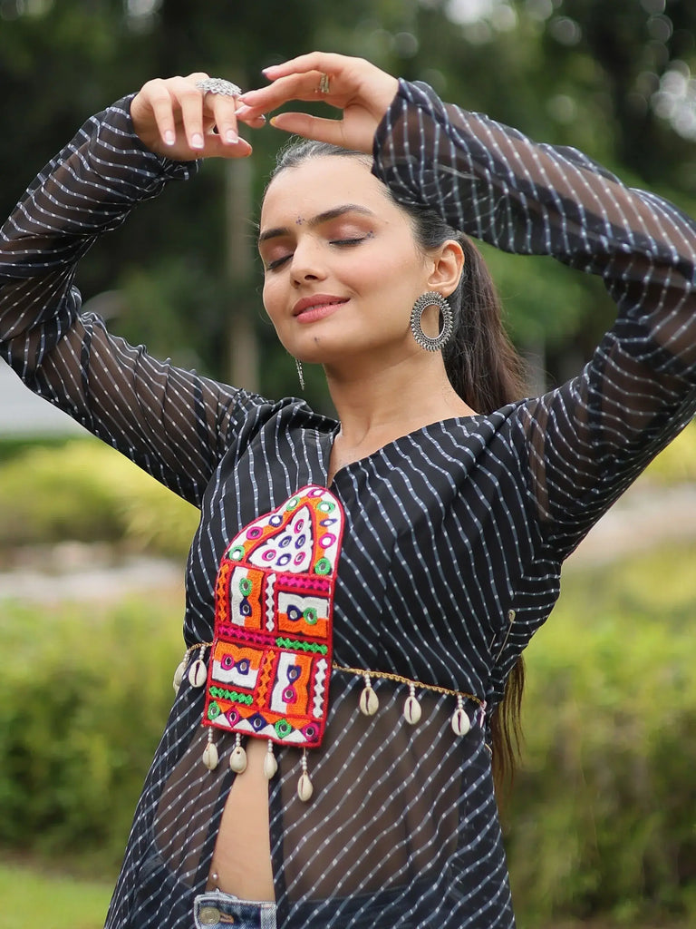 Stunning Black Printed Georgette Navratri Wear Open Long Kurti
