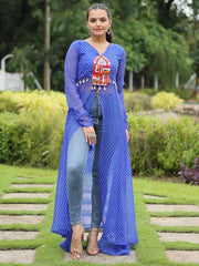 Attractive Blue Printed Georgette Navratri Wear Open Long Kurti