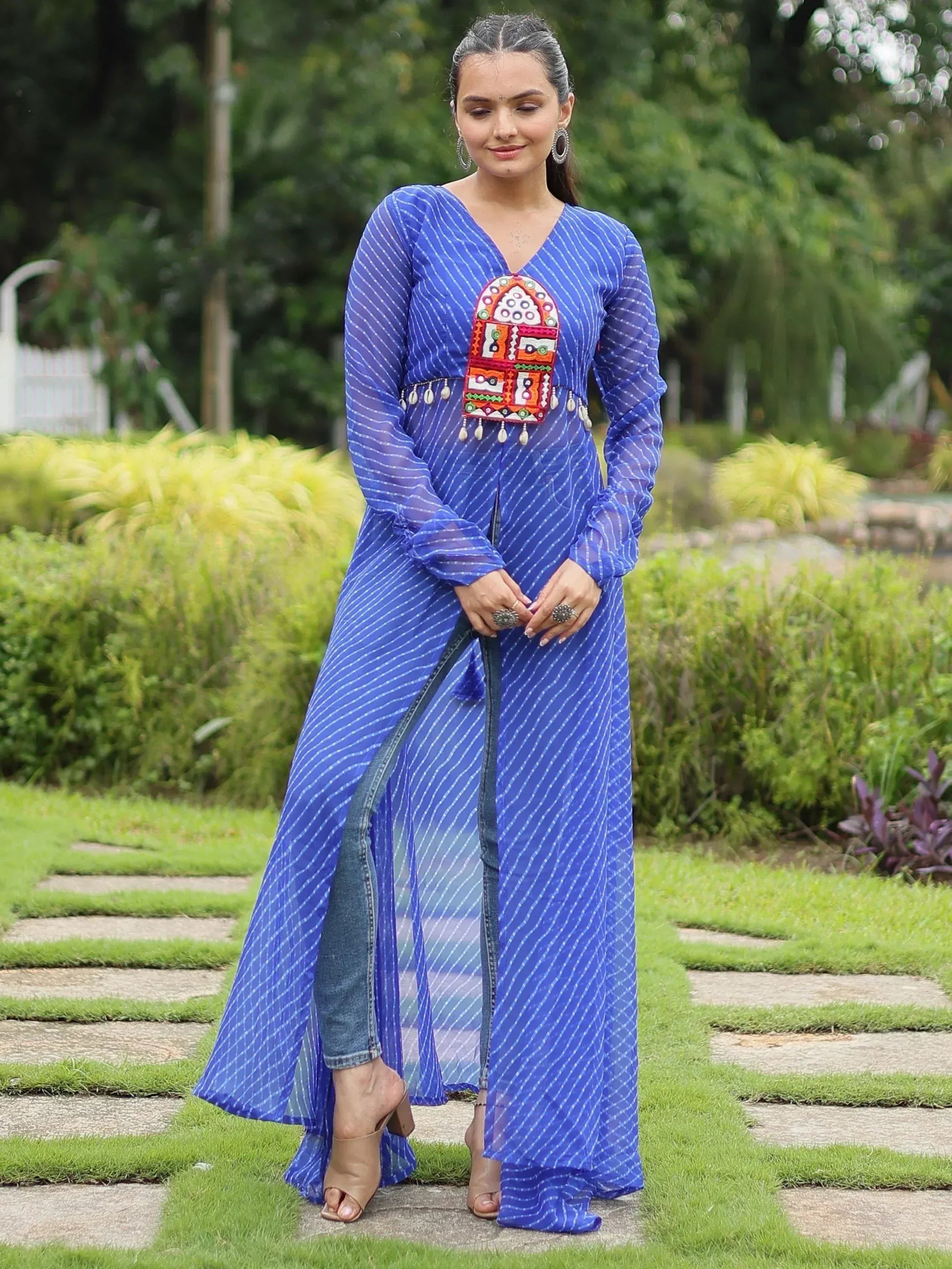Blue striped ethnic gown with embroidered panel and denim inner, styled for women