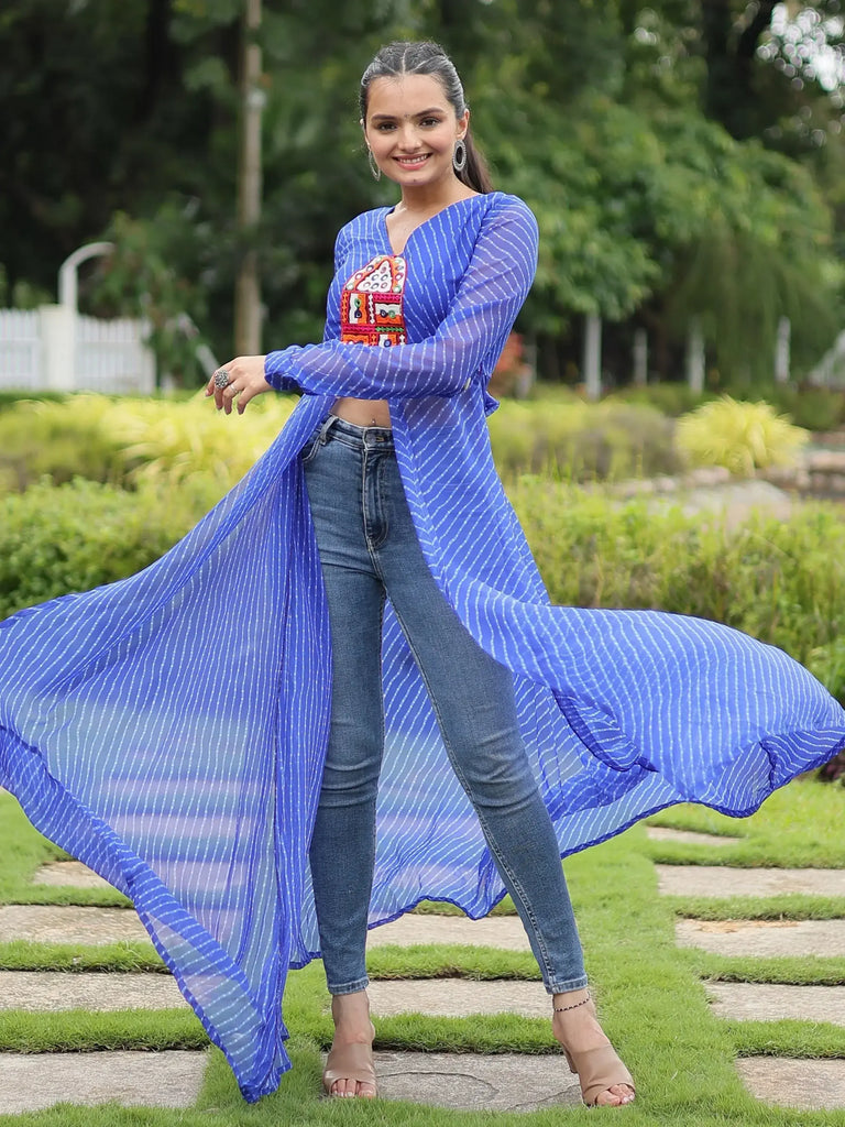 Attractive Blue Printed Georgette Navratri Wear Open Long Kurti