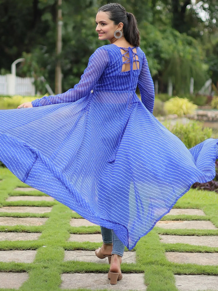 Attractive Blue Printed Georgette Navratri Wear Open Long Kurti