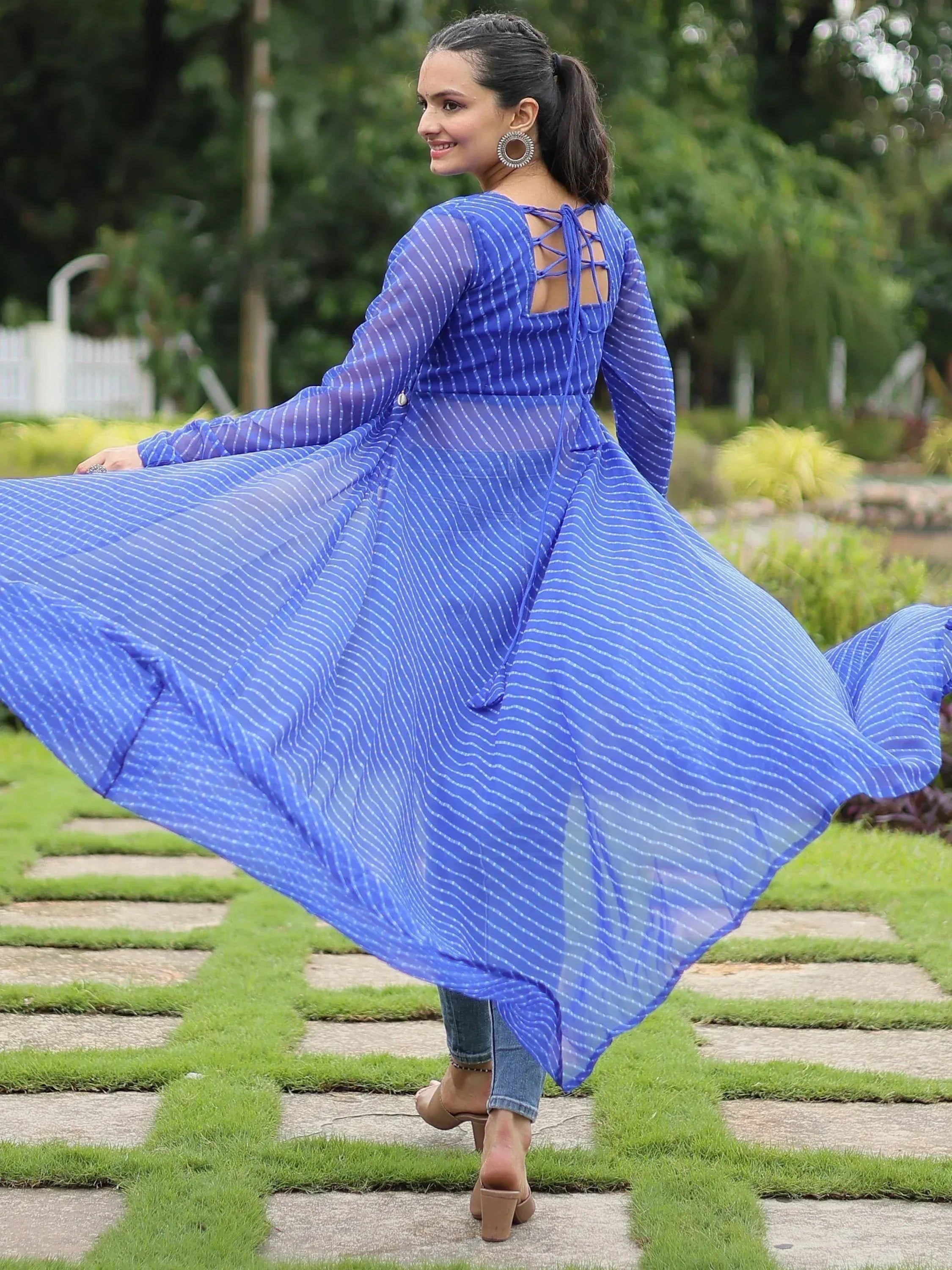 Blue striped ethnic gown with lace-up back, perfect for Indian wear and festive occasions.