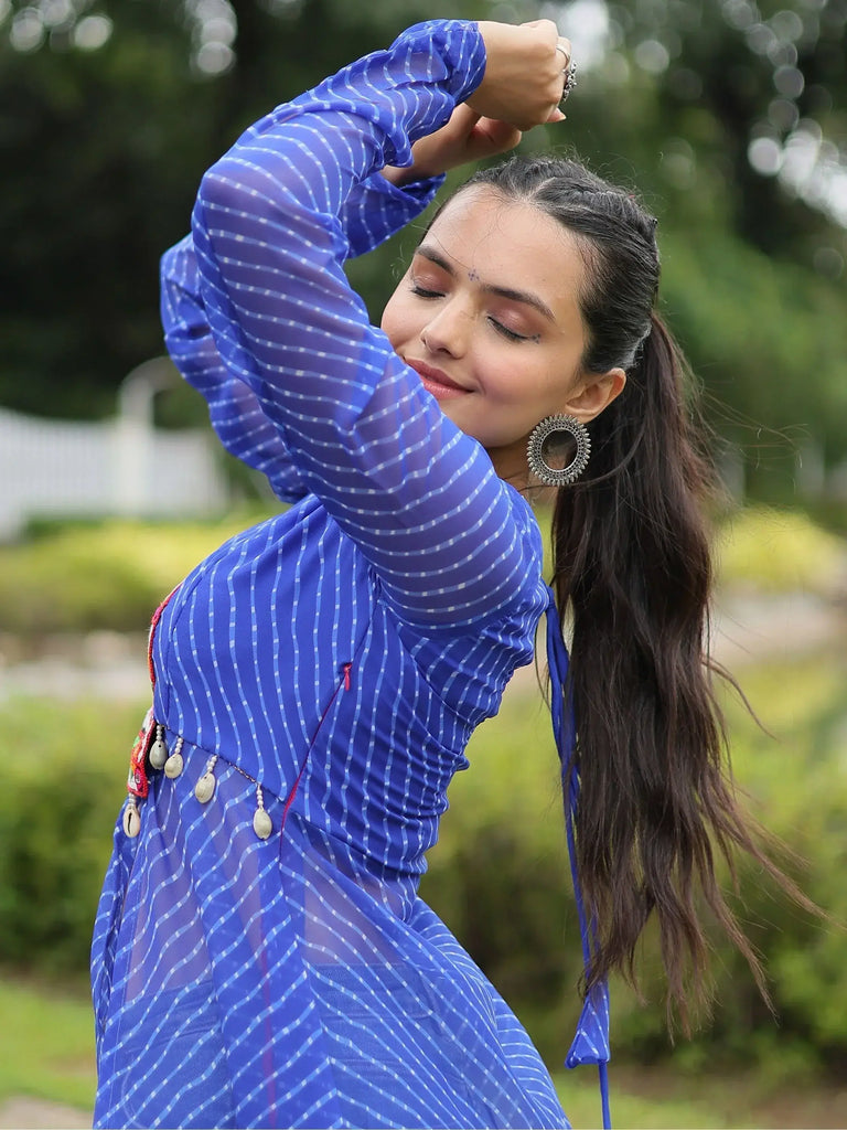 Attractive Blue Printed Georgette Navratri Wear Open Long Kurti