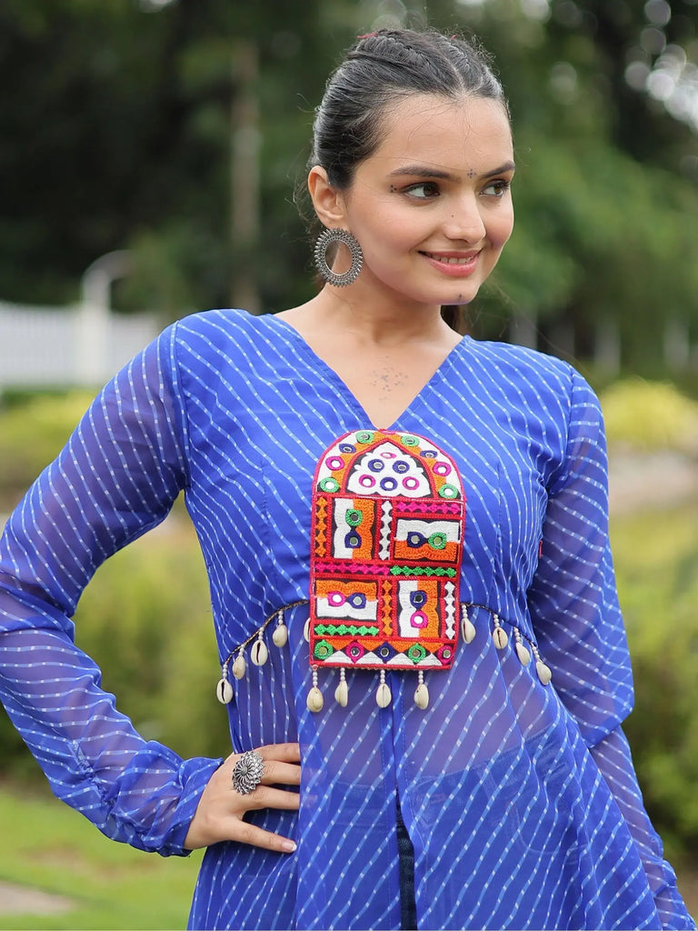 Attractive Blue Printed Georgette Navratri Wear Open Long Kurti