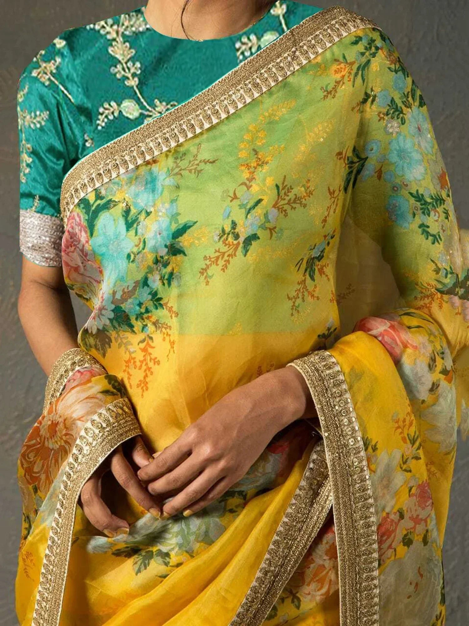 Sabyasachi Yellow Floral Orangza Wedding Wear Saree With Blouse