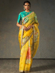 Sabyasachi Yellow Floral Orangza Wedding Wear Saree With Blouse