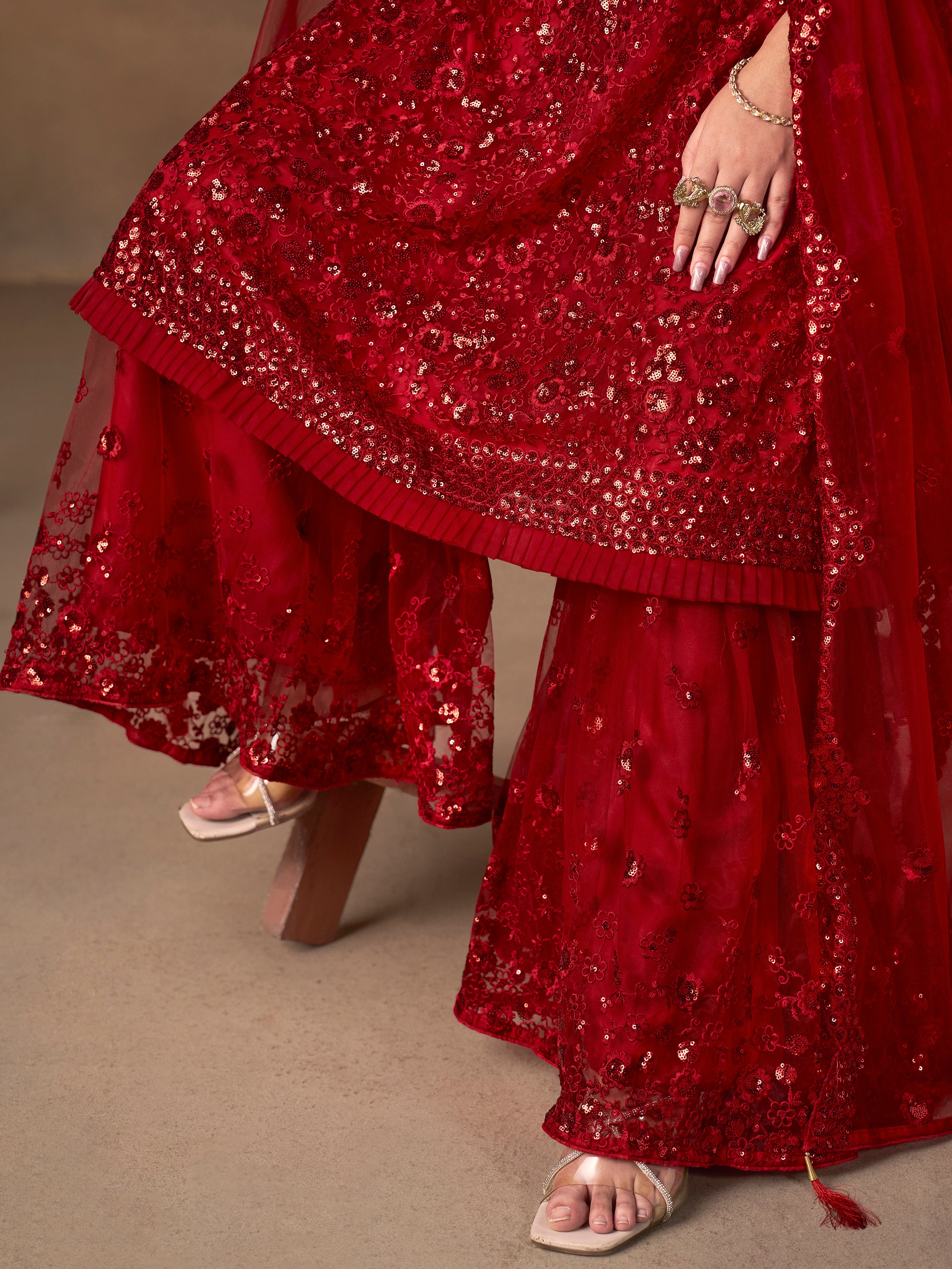 Outstanding Red Embroidered Net Function Wear Sharara Suit