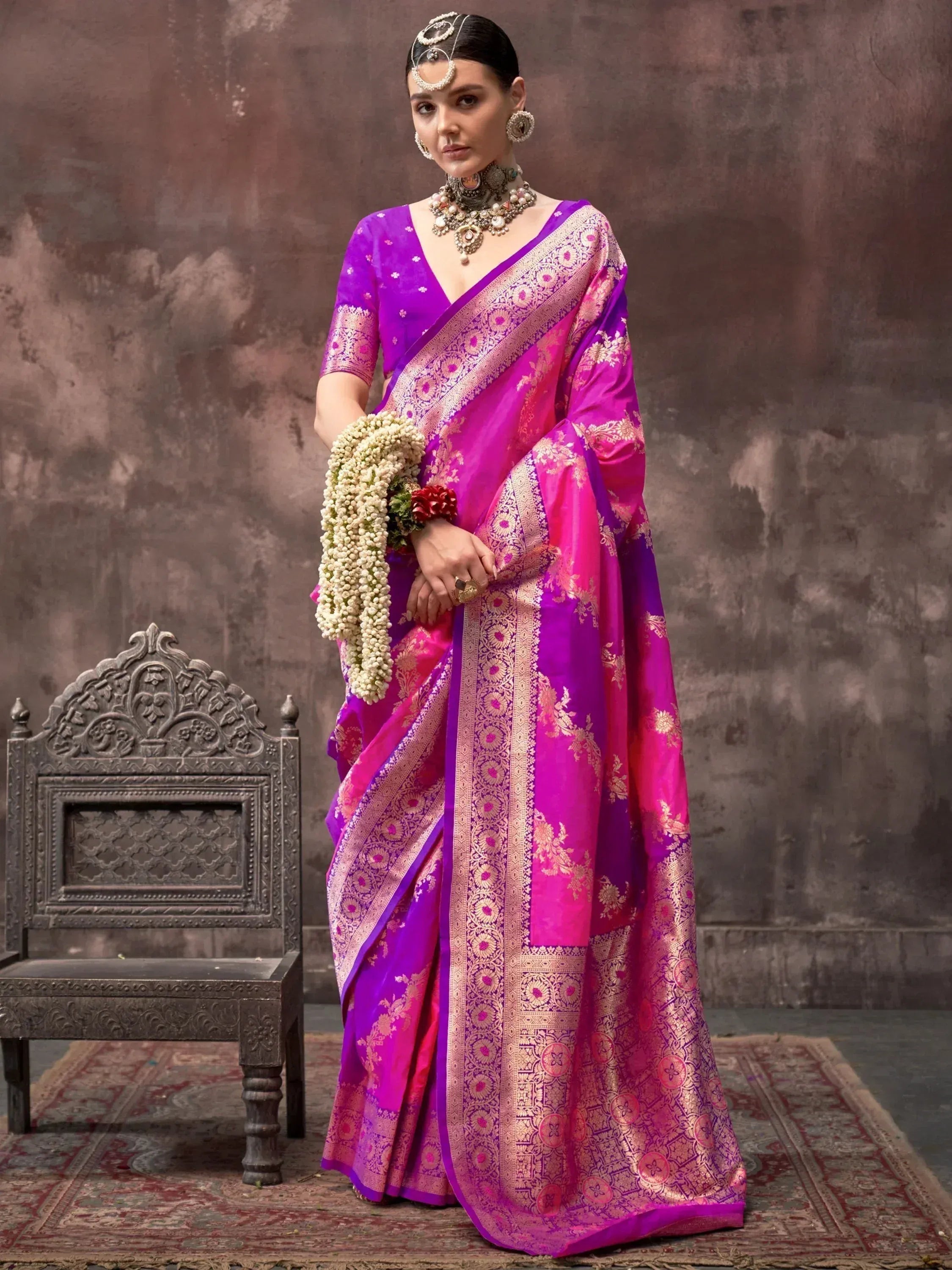 Purple and pink designer saree with gold zari work, traditional Indian ethnic wear for weddings