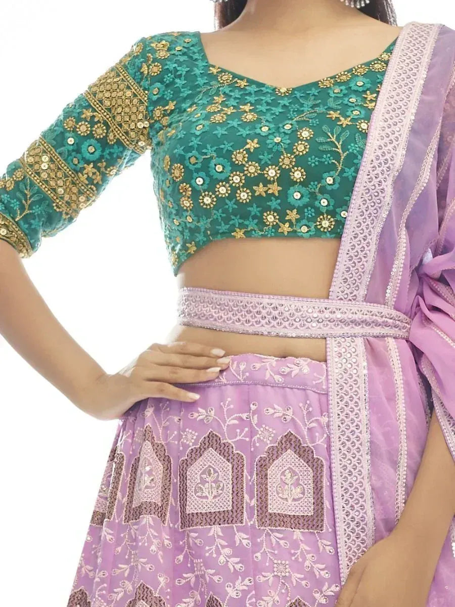 Teal embroidered blouse with lavender lehenga, Indian ethnic wear for women