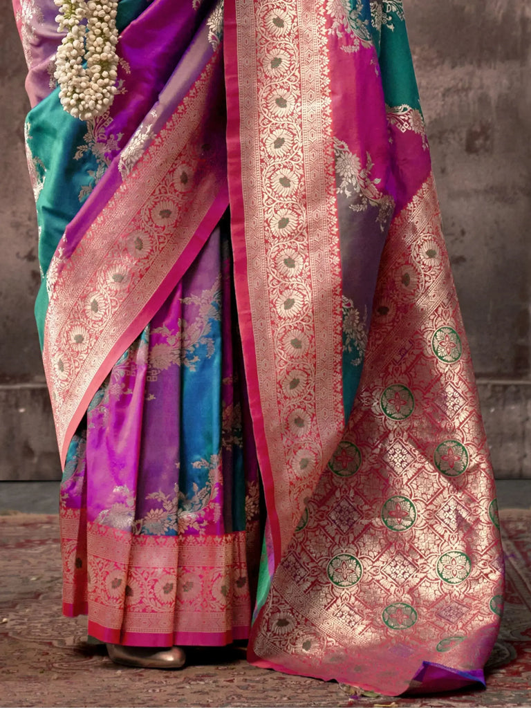 Attractive Multi Color Zari Weaving Silk Festival Wear Saree With Blouse