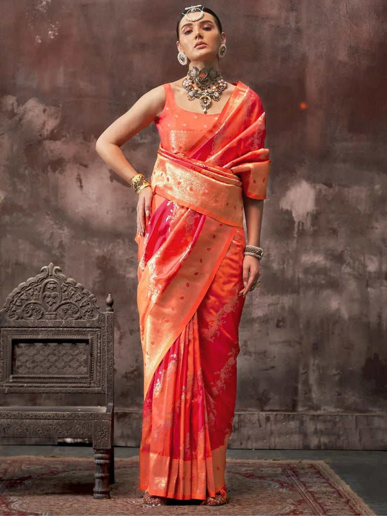 Beautiful Pink Color Zari Weaving Silk Festival Wear Saree With Blouse