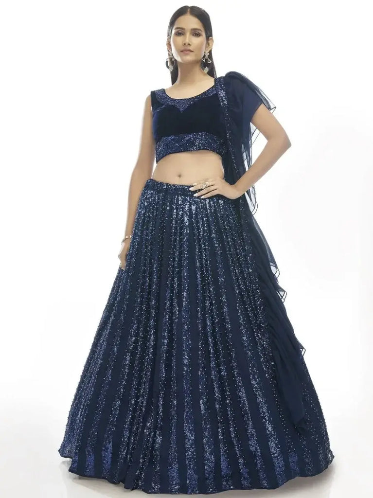 Stunning Navy Blue Embroidered Velvet Party Wear Lehenga Choli