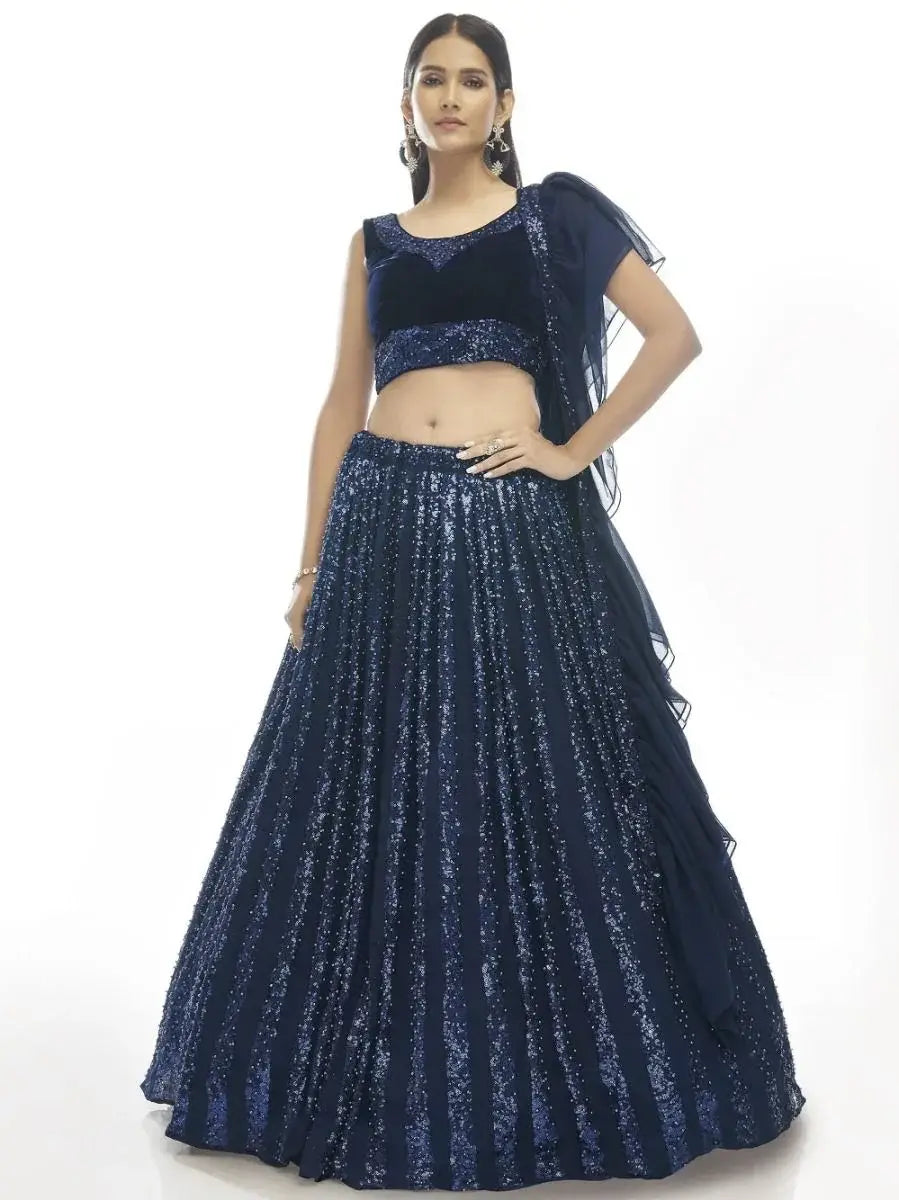Stunning Navy Blue Embroidered Velvet Party Wear Lehenga Choli