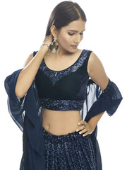 Stunning Navy Blue Embroidered Velvet Party Wear Lehenga Choli