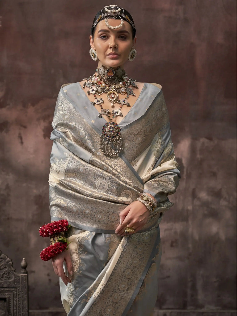 Attractive Light Steel Blue Zari Weaving Silk Festival Wear Saree With Blouse