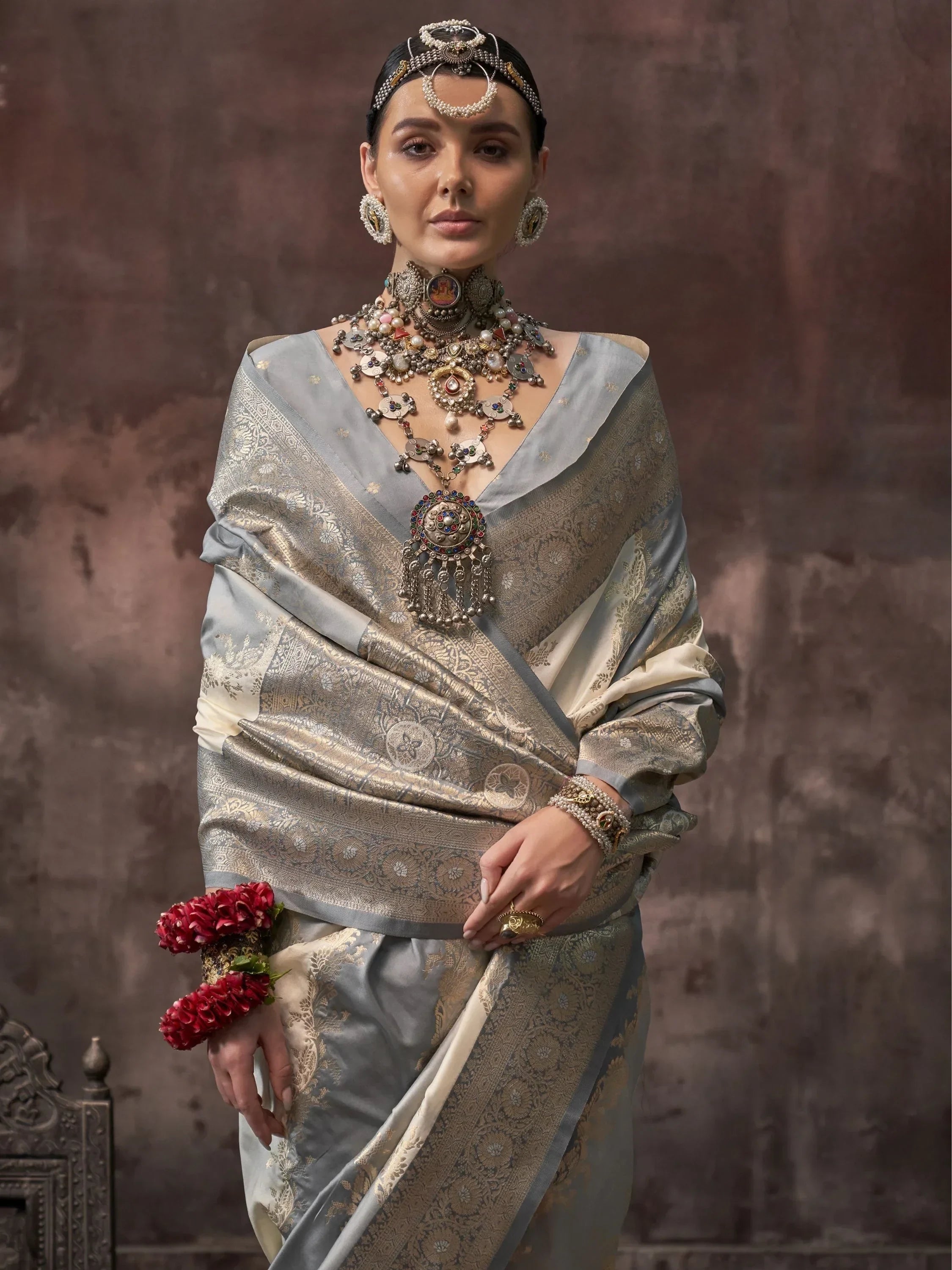 Attractive Light Steel Blue Zari Weaving Silk Festival Wear Saree With Blouse