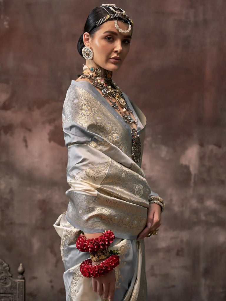 Attractive Light Steel Blue Zari Weaving Silk Festival Wear Saree With Blouse
