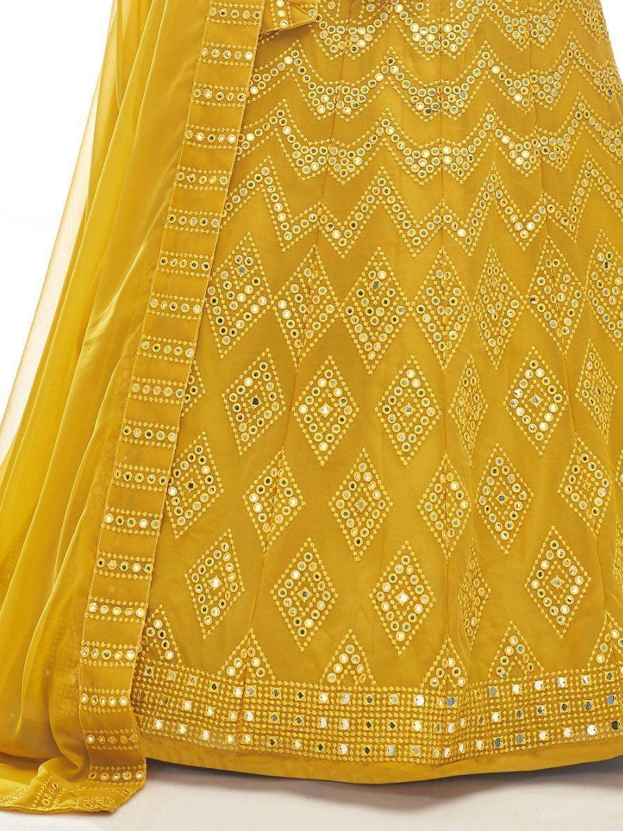 Yellow lehenga with mirror work and geometric embroidery, Indian ethnic wear