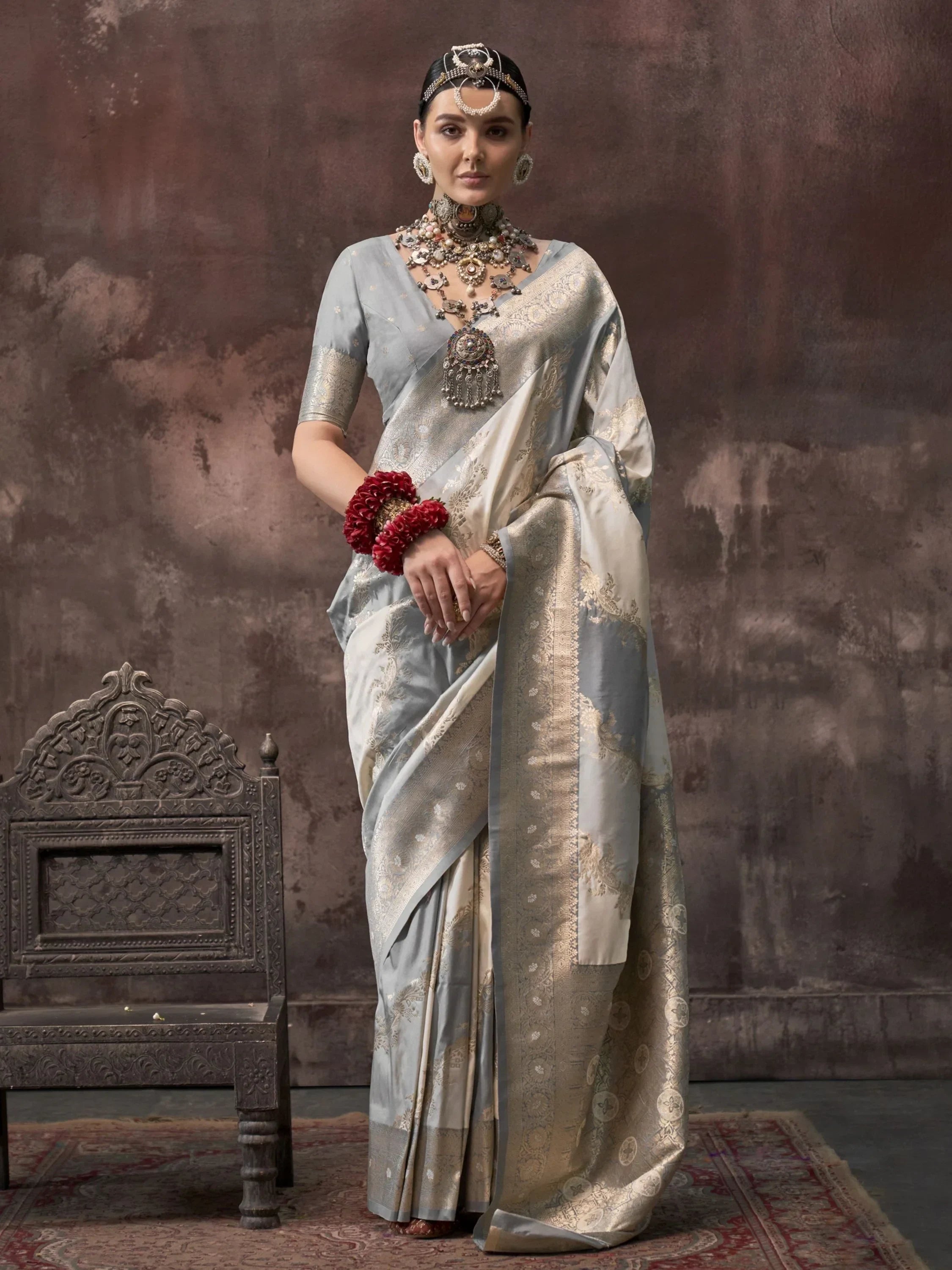 Attractive Light Steel Blue Zari Weaving Silk Festival Wear Saree With Blouse