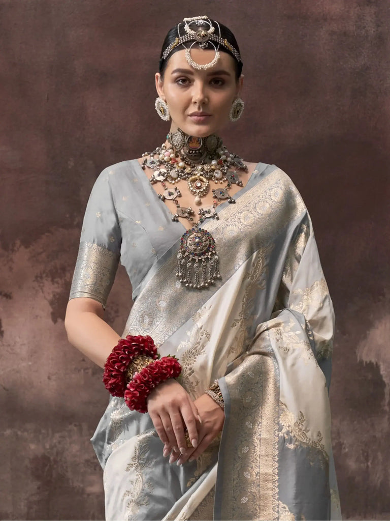 Attractive Light Steel Blue Zari Weaving Silk Festival Wear Saree With Blouse