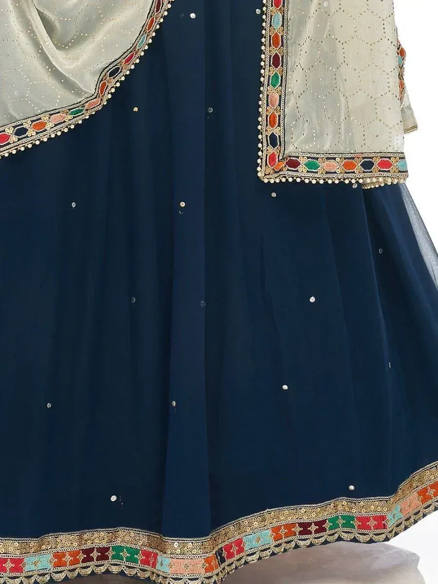 Navy blue lehenga choli with colorful embroidered border and sheer dupatta, Indian ethnic wear