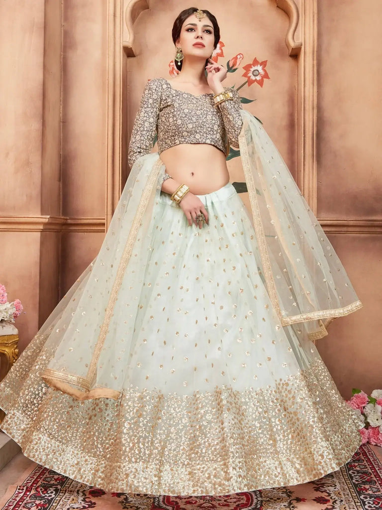 Pista Green Sequence Work Net Wedding Girlish Party Wear Lehenga Choli