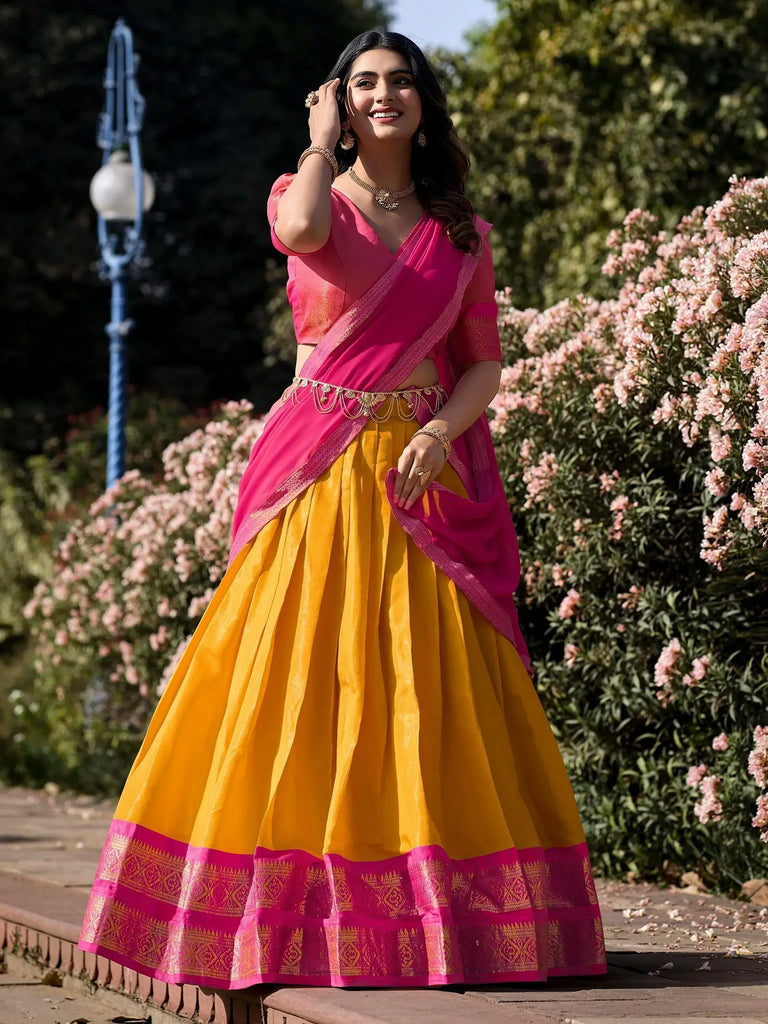 Super Mustard Yellow Zari Woven Kanchipuram Silk Lehenga Choli