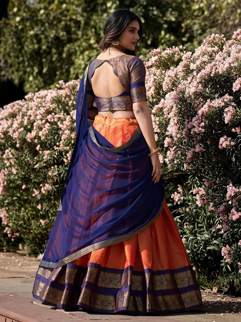 Marvelous Orange Zari Weaving Kanchipuram Silk Lehenga Choli