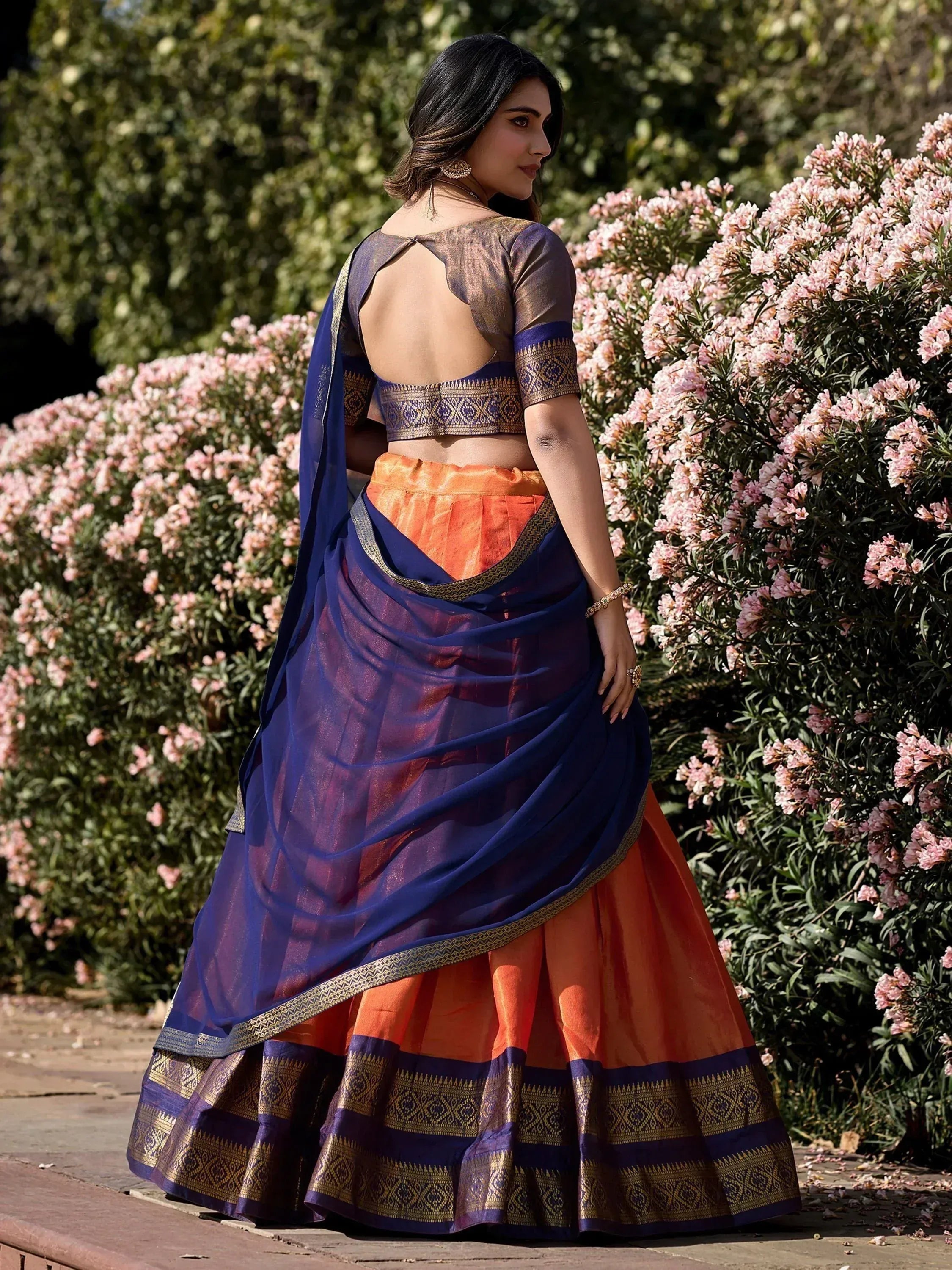 Blue and orange designer lehenga choli with gold embroidery, perfect for Indian ethnic wear