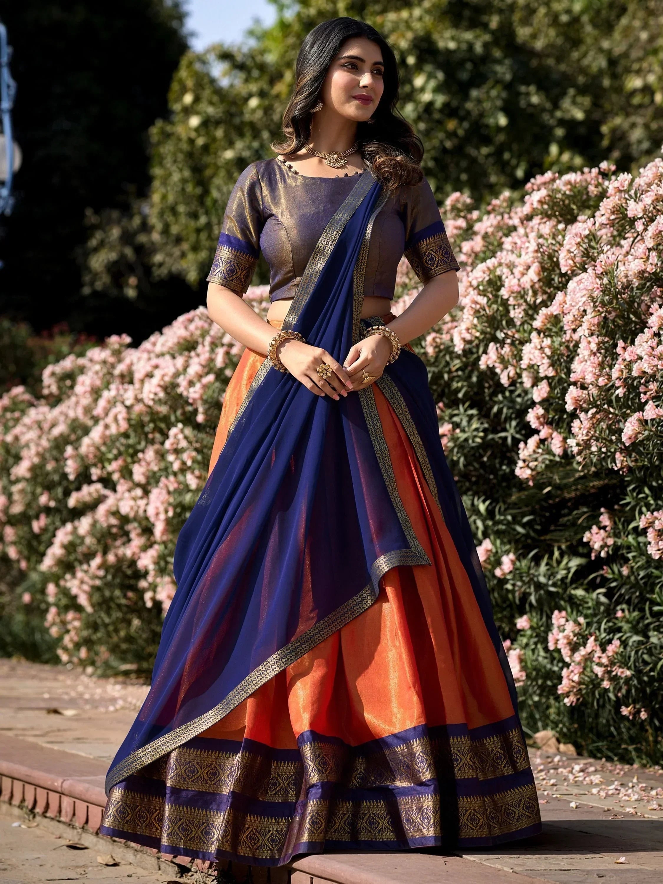 Marvelous Orange Zari Weaving Kanchipuram Silk Lehenga Choli