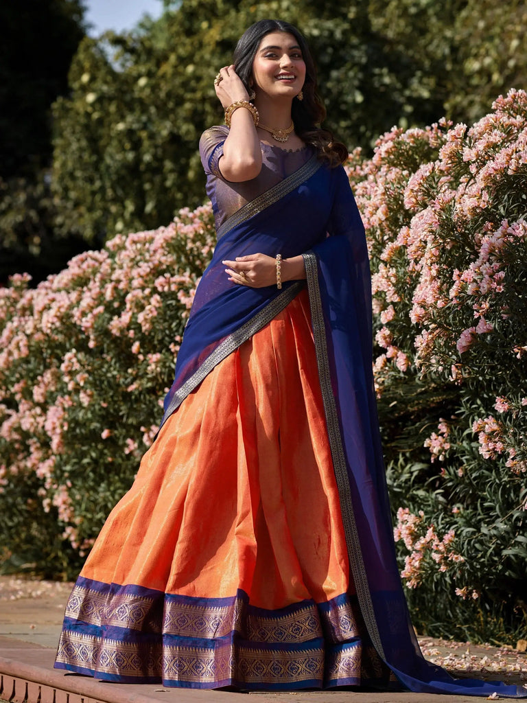 Marvelous Orange Zari Weaving Kanchipuram Silk Lehenga Choli
