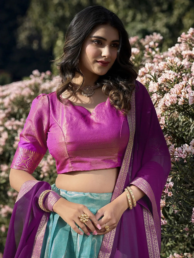 Incredible Sky-Blue Zari Weaving Kanchipuram Silk Lehenga Choli