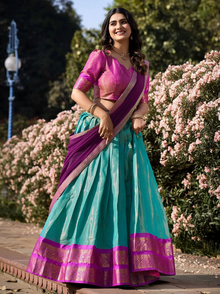Incredible Sky-Blue Zari Weaving Kanchipuram Silk Lehenga Choli