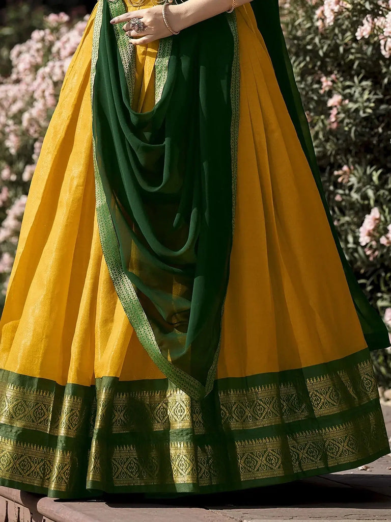 Great Yellow Zari Weaving Kanchipuram Silk Function Wear Lehenga Choli