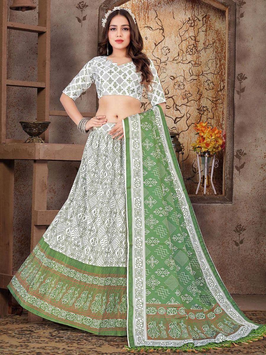 Green and white printed lehenga choli with ethnic patterns, perfect for Indian festive occasions