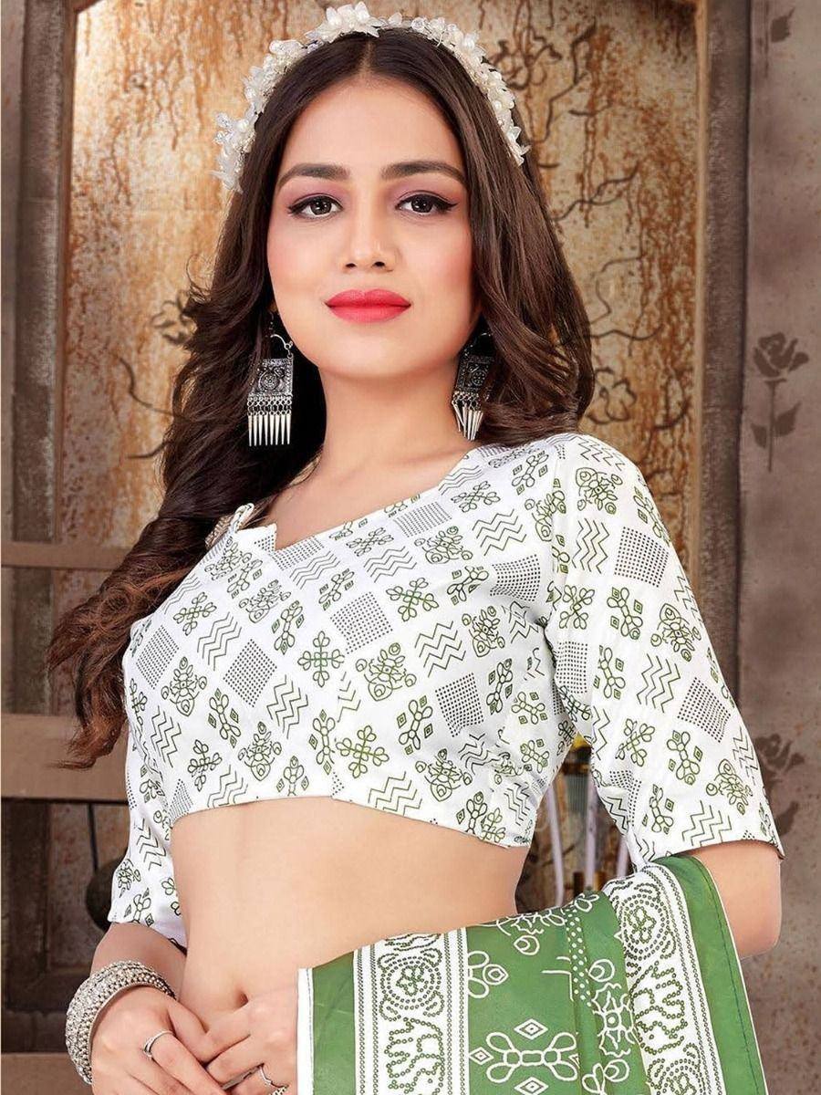 White and green printed saree with matching blouse, ethnic Indian wear for women